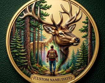 Moneda personalizada conmemorativa de caza de alces, regalo personalizado para cazadores, decoración de arte en metal con motivos de fauna silvestre del bosque.