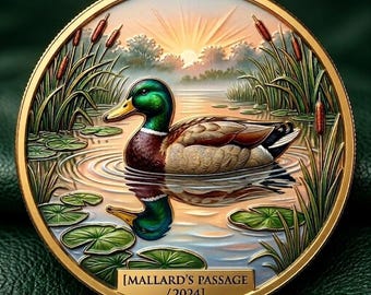 Moneda conmemorativa personalizada de ánade real, regalo personalizado de pato, arte en metal con diseño de amanecer.