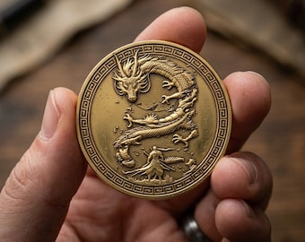 Asian flying gold dragon and warrior coin, Mythic oriental folklore token, Legend animal collectible gift, Zodiac fantasy art coin
