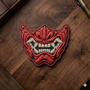 Oni Mask PVC Patch, Tactical Samurai Morale Badge, Hook and Loop Emblem for Backpack, Japanese Demon Menpo, Crimson Red Operator Gear