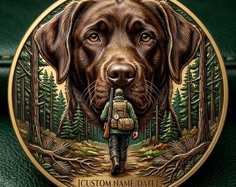 Moneda conmemorativa personalizada de un Labrador Chocolate, regalo personalizado para amantes de los perros Retriever, arte de cazador forestal.