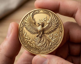 Rising fire phoenix gold coin, Mythical flame border token, Legend animal collectible gift, Fantasy bird art coin