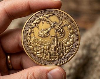 Castle flying gold dragon coin, Storm lightning folklore token, Legend animal collectible gift, Medieval fantasy art coin