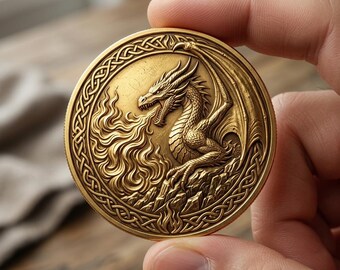 Moneda de oro con dragón que escupe fuego, ficha folclórica de bestia mítica de fuego, regalo coleccionable de animal legendario, moneda de arte fantástico medieval