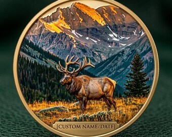 Custom Elk Challenge Coin, Personalized Mountain Gift, Peak Wildlife Art