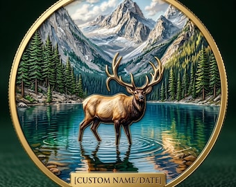Custom Elk Challenge Coin, Personalized Mountain Gift, Lake Wildlife Art Decor