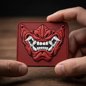 Oni Mask PVC Patch, Tactical Samurai Morale Badge, Hook and Loop Emblem for Backpack, Japanese Demon Menpo, Crimson Red Operator Gear