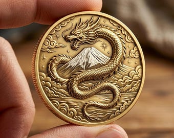 Fuji mountain asian gold dragon coin, Star cloud oriental folklore token, Legend animal collectible gift, Zodiac fantasy art coin