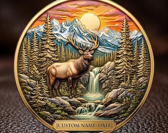 Custom Elk Challenge Coin, Personalized Sunset Gift, Waterfall Wildlife Art