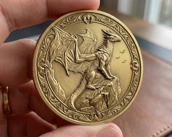 Mountain cliff perched gold dragon coin, Medieval fantasy beast token, Legend animal collectible gift, Vintage folklore art coin