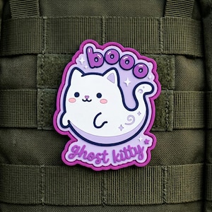 Booo Ghost Kitty PVC Patch, Cute Ghost Cat Tactical Morale Patch, Kawaii Purple Kitten Hook Loop Badge, Funny Backpack Patch, Gear Emblem