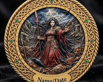Moneda personalizada de Morrigan, diosa celta de la guerra, moneda de desafío de la Reina Fantasma Dorada, regalo pagano grabado, arte en metal de la mitología irlandesa oscura