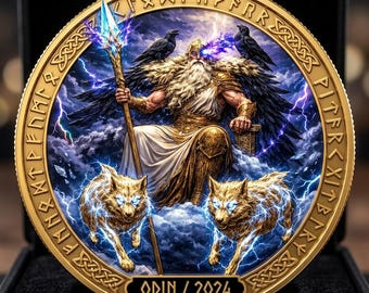 Moneda personalizada de Odín, Dios nórdico personalizado, Moneda de desafío de la lanza Gungnir dorada, Regalo de cuervo mitológico grabado, Arte del Padre de Todos Vikingo