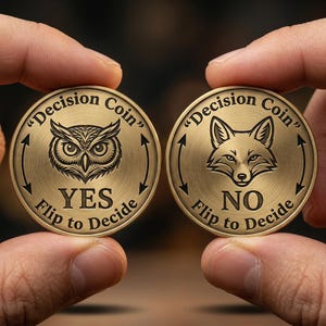 May include: Two brass decision coins are held in hands. One coin features an owl with the word "YES" and the text "Flip to Decide." The other coin has a fox with the word "NO" and the text "Flip to Decide."