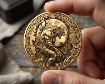 Moneda de oro con la imagen de un hombre lobo aullando en luna llena, ficha de terror gótico y folclore de bestias, regalo coleccionable de animales legendarios, moneda de arte de monstruos fantásticos