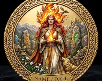 Moneda personalizada de Brigid, diosa celta del fuego, moneda de oro conmemorativa pagana, regalo wiccano grabado, arte en metal de la mitología irlandesa, Imbolc