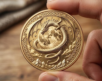 Moneda de oro con dragón y eclipse lunar, ficha folclórica de la noche estrellada, regalo coleccionable de animales legendarios, moneda de arte fantástico nórdico