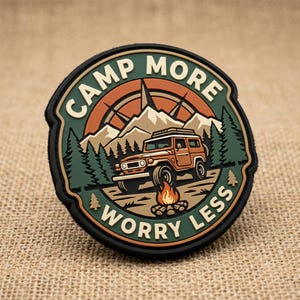 Offroad Camping PVC Patch, Camp More Worry Less Morale Patch, Hook and Loop Adventure Badge, Overlanding Emblem for Backpack, Hat or Vest