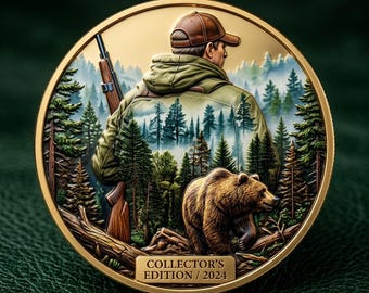 Custom Bear Hunting Challenge Coin, Personalized Hunter Gift, Forest Wildlife Art Decor