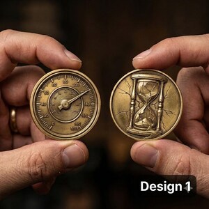 May include: Two circular brass-colored metal coins. The left coin features a gauge with a needle pointing past 120 and numbers ranging from 0 to 160. The right coin displays a cracked hourglass design. The text Design 1 appears in the bottom right.