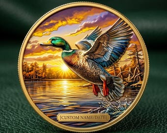 Custom Duck Hunting Challenge Coin, Personalized Mallard Gift, Sunrise Waterfowl Metal Art Decor