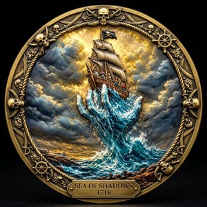 May include: A circular gold-toned medallion featuring a relief of a giant hand emerging from turbulent blue waves to hold a wooden sailing ship. The border is decorated with skulls, swords, and ship wheels. A plaque at the bottom reads SEA OF SHADOWS 1718.