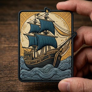 May include: A rectangular patch featuring a detailed illustration of a tall ship sailing on wavy seas. The ship has dark blue sails and is set against a yellow background with a stylized sun. The patch has a black border.