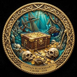 May include: A circular gold-toned medallion featuring a relief of a wooden treasure chest overflowing with coins, surrounded by skulls, shipwrecks, and nautical rope borders. The bottom plaque reads CAPTAIN BLACKHEART'S CACHE - 1718.