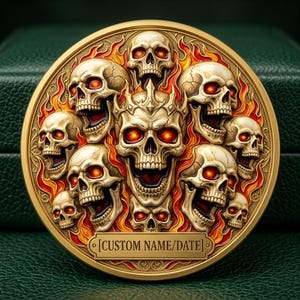 May include: A circular gold-toned coin featuring a central skull wearing a crown, surrounded by multiple smaller skulls with glowing red eyes. The background consists of embossed flame patterns. A rectangular plaque at the bottom reads [CUSTOM NAME/DATE].