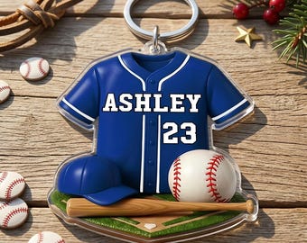 Llavero acrílico personalizado de béisbol, llavero personalizado de camiseta deportiva, regalo para mamá beisbolera, llavero con espíritu de equipo, llavero con número de béisbol para él.