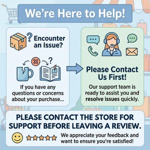 Puede incluir: Gr&aacute;fico informativo con el texto "We're Here to Help!" y "Please Contact Us First!". Incluye iconos de un paquete, una taza rota, un libro, un tel&eacute;fono, burbujas de chat y un sobre. El gr&aacute;fico anima a los clientes a ponerse en contacto con la tienda para obtener ayuda.