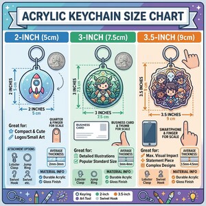 Puede incluir: Una tabla de tama&ntilde;os de llaveros acr&iacute;licos con tres opciones: 5 cm, 7,5 cm y 9 cm. Cada tama&ntilde;o se muestra con un dise&ntilde;o de muestra y una moneda para la escala. La tabla incluye opciones de fijaci&oacute;n e informaci&oacute;n sobre materiales.