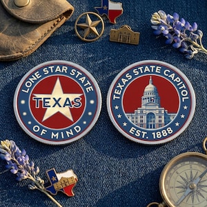 May include: Two round Texas-themed coins with red, white, and blue designs. One coin features a star and the text "Lone Star State of Mind." The other coin displays the Texas State Capitol and "Est. 1888."