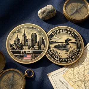 Minnesota State Challenge Coin, St. Paul Skyline Souvenir, Wildlife Loon Spirit Coin, Double Sided Metal Token, Midwest Travel Keepsake