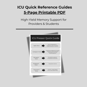 May include: A printable PDF guide with the title "ICU Quick Reference Guides" and the text "5-Page Printable PDF". The guide provides high-yield memory support for providers and students. The guide includes a section titled "ICU Pressor Quick Guide".
