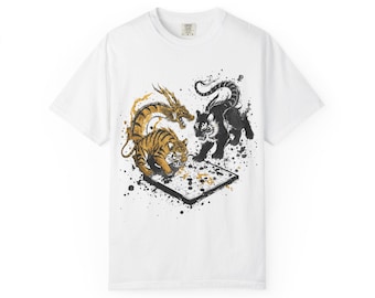 Maglietta Dragon Tiger Go Game Gold di lusso con incisione e puntinatura in oro 24 carati, capolavoro di gioco da tavolo con inchiostro Sumi, maglietta con grafica di animali spirituali.
