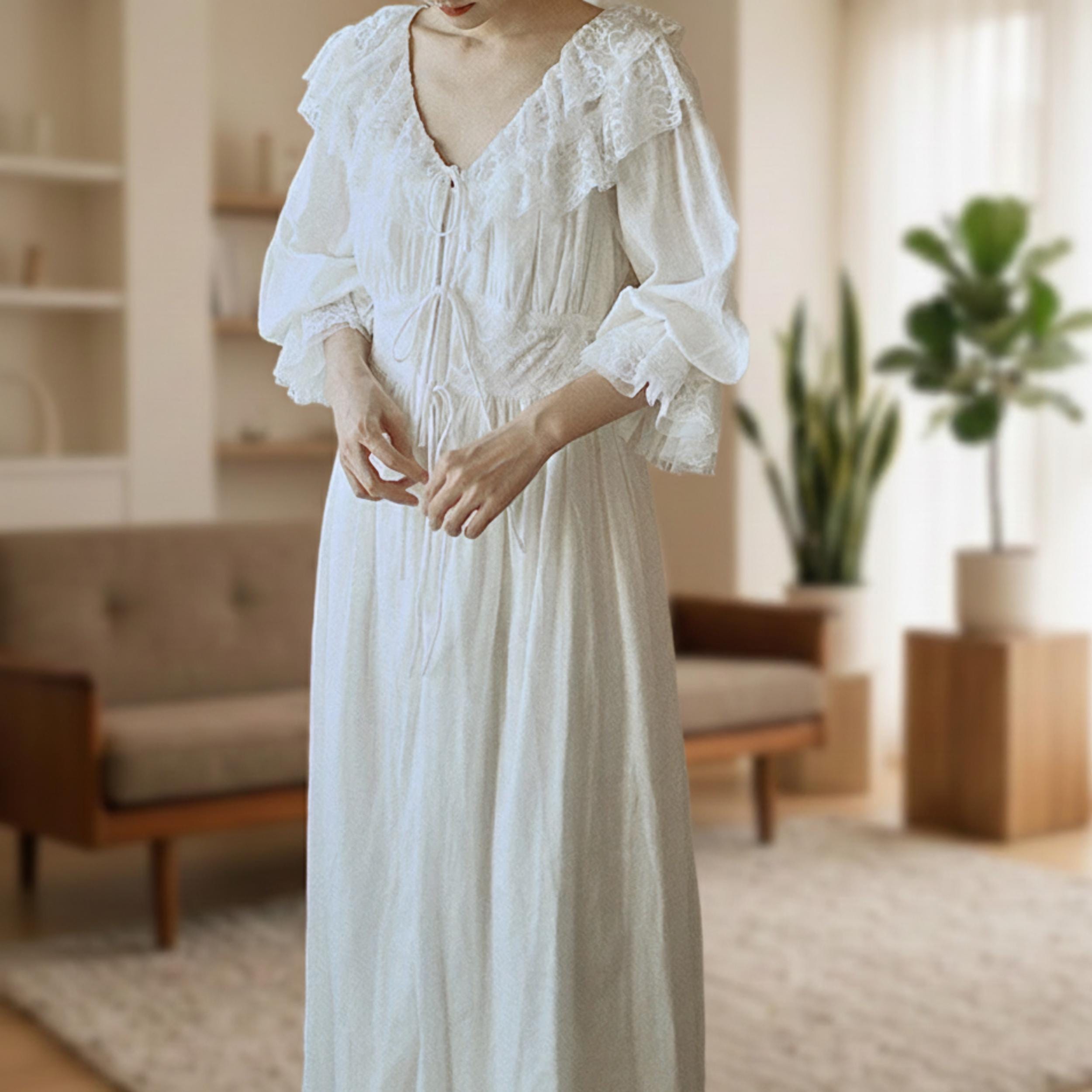 vintage cotton lace dress Antique Edwardian White Cotton Lace Dress Maxi Wedding Tea Lawn Gown Vintage