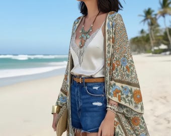 Cardigã feminino estampado com mangas morcego – Casaco casual e folgado para férias, feito à mão, leve e estiloso, perfeito para presentear em viagens.