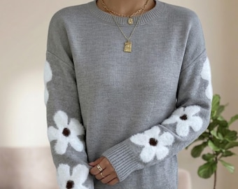 Pullover da donna autunnale in maglia jacquard con stampa floreale – Elegante maglione girocollo, comodo top autunnale alla moda, maglieria romantica di ispirazione vintage