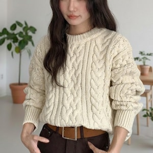 Suéter de punto trenzado, talla única: jersey de punto acogedor para mujer, tejido acrílico en crema y rojo, corte holgado, moda invernal, top informal y cálido.