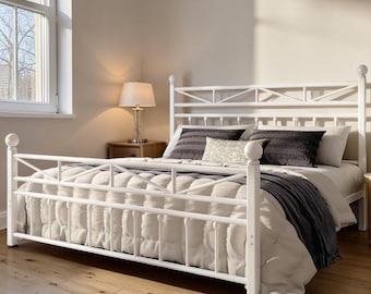 Queen Metal Bed Frame, 54" Victorian Headboard, RGB LED Lights, Under-Bed Storage, color white.