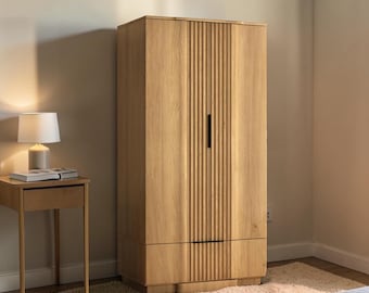 Fluted Wave Wardrobe Closet with Drawers, 67 Inch Wooden Armoire Cabinet