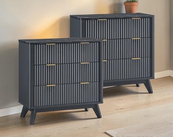 Set of 2 Fluted Nightstands, Faux Marble Top, 3-Drawer Bedside Tables