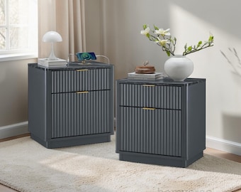 Set of 2 Fluted Nightstands with Charging Station, Mid-Century Modern Bedside Tables