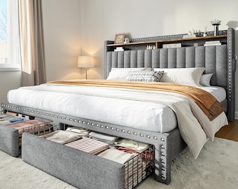 King Upholstered Bed Frame with Storage Drawers, Headboard Shelf, Platform Bed