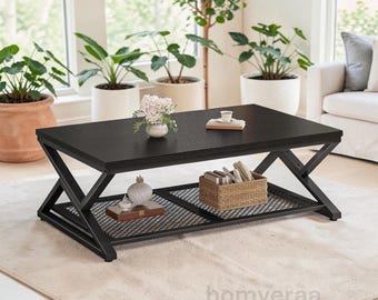 Coffee Table with Storage, Modern 2 Tier Coffee Table, Rectangular Center Table with Mesh Shelf, Living Room Table