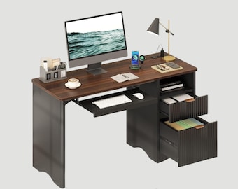 Modern 55-Inch Desk with Drawer, Keyboard Tray, Power Outlet