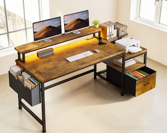 57" Rustic Wood Office Desk with Monitor Stand, Power Outlets, File Drawer
