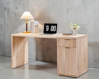 Modern Oak Executive Desk with Fluted Storage Cabinet, 60-Inch Writing Computer Desk