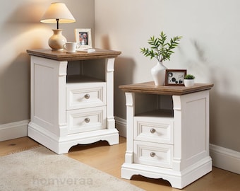 Farmhouse Nightstand Set with Charging Station, Roman Column Bedside Tables